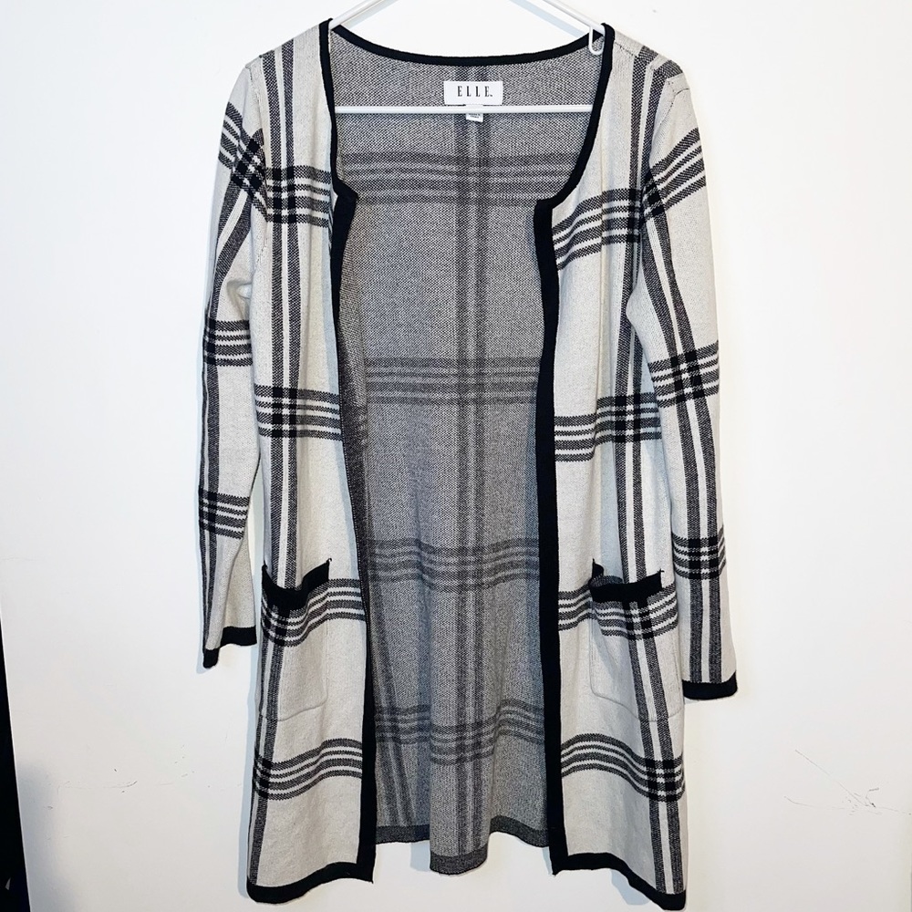 ELLE Women's Plaid Open Front Sweater - Black and White